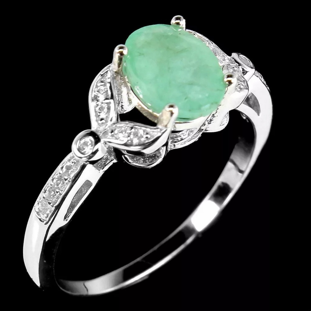 Natural Oval Green 1.25ctw Emerald White Topaz Sterling Silver Ring Size 7